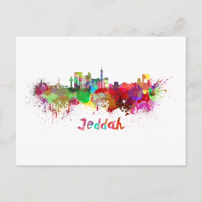 Cartão Postal Jeddah skyline em aquarela (Frente)