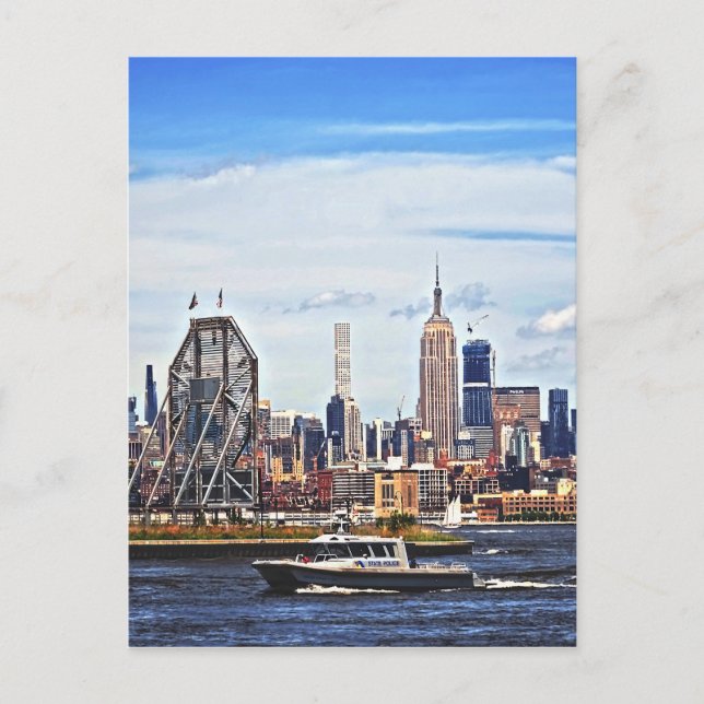 Cartão Postal Jersey City NJ - Barco da Polícia Pelo Relógio Col (Frente)