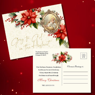 Cartão Postal Jesus Bebê no Natal Poinsettias Feliz Natal