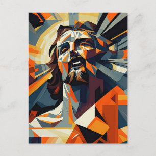 Cartão Postal Jesus Cristo em estilo cubista laranja e ardósia