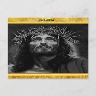 Cartão Postal Jesus olhando para o céu com uma design de folha 