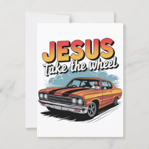Cartão Postal Jesus Pega a Roda Vintage Muscle Car