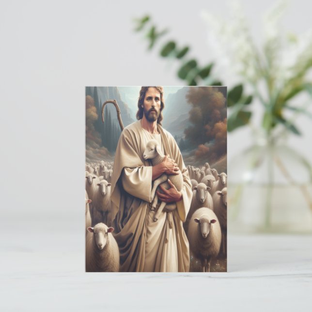 Cartão Postal Jesus Protegendo Sua Querida Ovelha (Em pé/Frente)