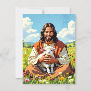 Cartão Postal Jesus segurando um cordeiro   Páscoa religiosa