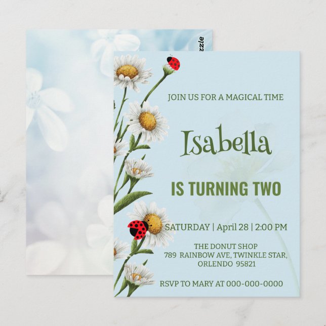 Cartão Postal Joaninha de pontos Cute Ladybug azul Daisy Kids An (Frente/Verso)