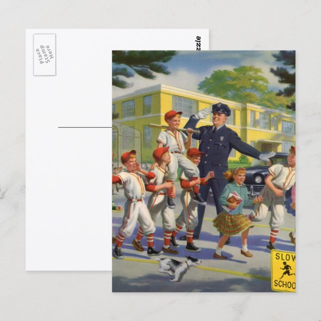 Cartão Postal Jogadores de beisebol antigos e guarda de trânsito (Frente/Verso)
