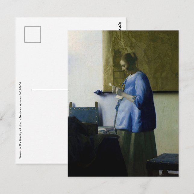 Cartão Postal Johannes Vermeer - Mulher a azul lendo uma letra (Frente/Verso)