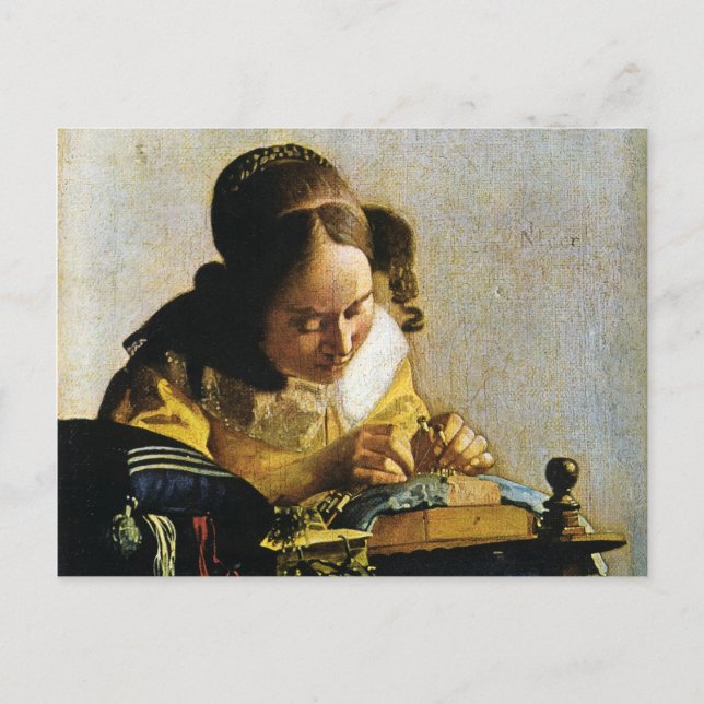Cartão Postal Johannes Vermeer's The Lacemaker (cerca de 1670) (Frente)
