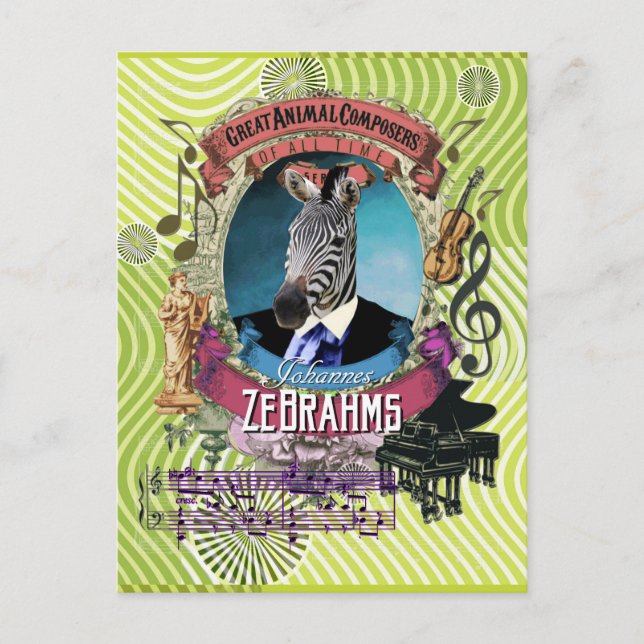 Cartão Postal Johannes Zebrahms Zebra Compositor Animal Brahms (Frente)