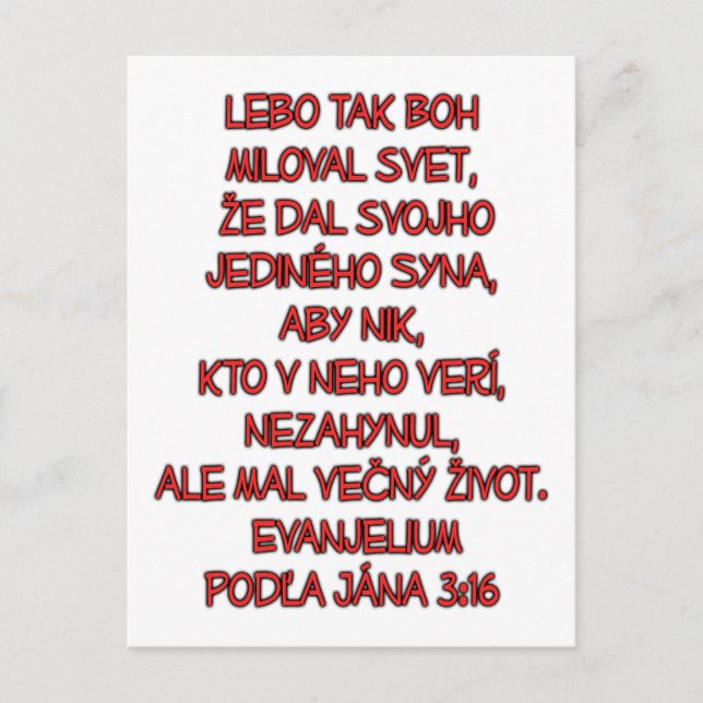 Cartão Postal John 3:16 Eslovaco (Frente)