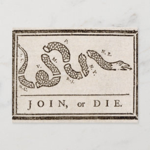 Cartão Postal Join ou Die Rattlesnake: Cartoon Benjamin Franklin