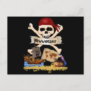 Cartão Postal Jolly Roger, navio pirata e baú pirata