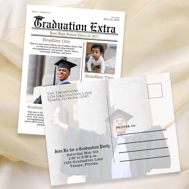 Cartão Postal Jornal de formando Collate Modern Trendy (Graduation announcement postcard invitation with a whimsical Newspaper theme. )