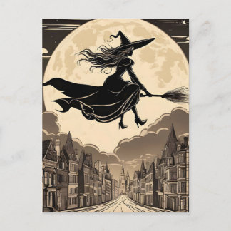 Cartão Postal Jovem Bruxa de Halloween Voando de Vassoura Sobre