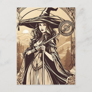 Cartão Postal Jovem Bruxa em Sepia, Halloween Antigo