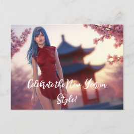 Cartão Postal Jovem Cheongsam Bela Posicionando para Ano Novo Ch