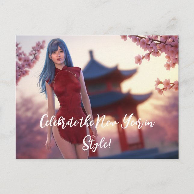 Cartão Postal Jovem Cheongsam Bela Posicionando para Ano Novo Ch (Frente)