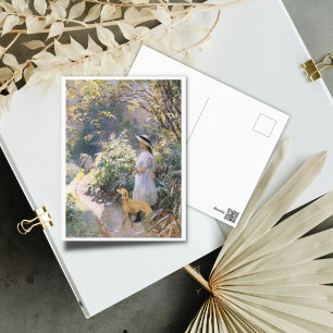 Cartão Postal Jovem e seu galo no jardim de arte