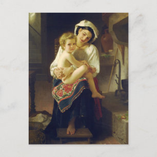 Cartão Postal Jovem Mãe Gazando na Criança por Bouguereau