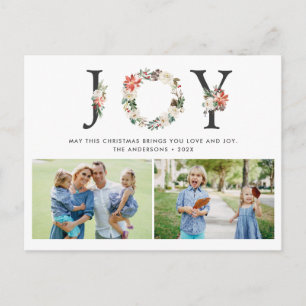 Cartão Postal JOY Christmas Floral Wreath Two Photos Collage