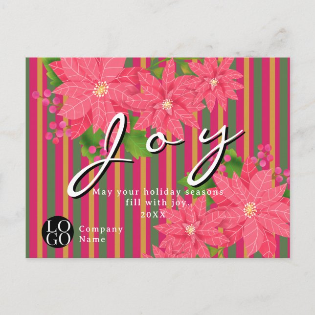 Cartão Postal Joy Christmas Poinsettia Stripe Business Logo Gift (Frente)