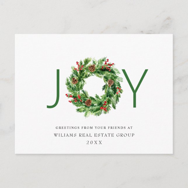 Cartão Postal JOY Holly Berry Pine Christmas Wreath Corporate (Frente)
