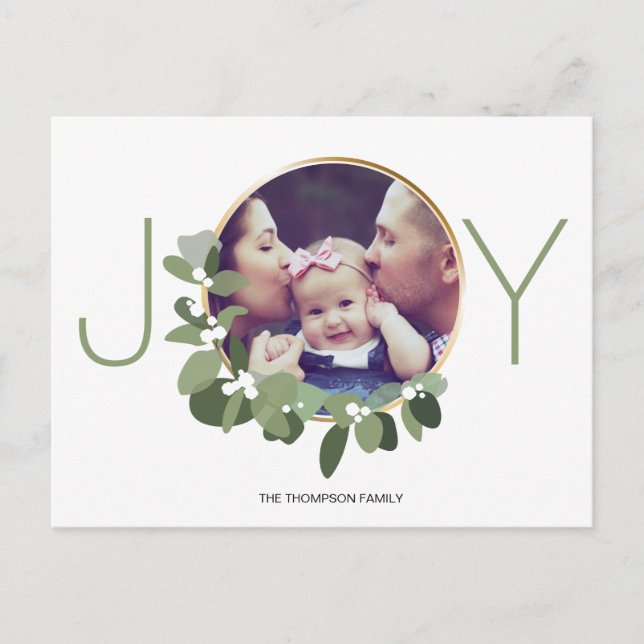Cartão Postal Joy Minimalist Wreath Family Christmas Photo (Frente)