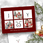 Cartão Postal JOY Modern Fun Script Photo Collage Whimsical Holi<br><div class="desc">Envie cartões de natal personalizáveis e personalizados para amigos, colegas e familiares em placas de estilo simples, chic, elegantes e modernas de 3 fotocolagens design festivas, naturais minimalistas! Na frente, uma colagem de três fotos cercada pela palavra "alegria" com uma linda face de rena na tipografia moderna é apresentada em...</div>