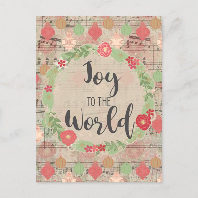Cartão Postal Joy To The World Christmas Music Floral Ephemera (Frente)