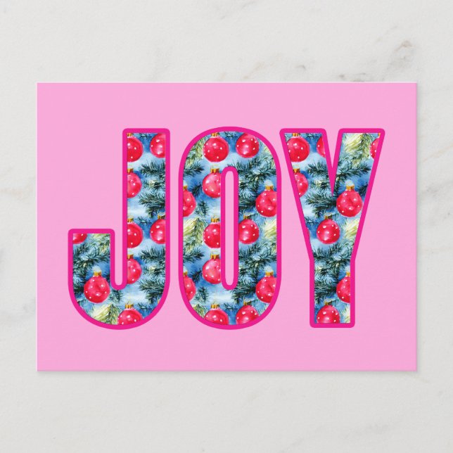 Cartão Postal JOY Word Art em Fuchsia Rosa e Teal Verde (Frente)