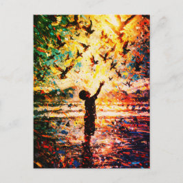 Cartão Postal Joyful Child Playing with Birds Sunrise Water