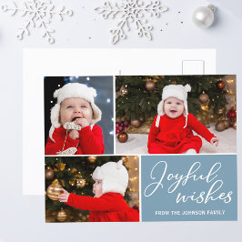 Cartão Postal Joyful Wish Slate Blue 3 Family Photo Holiday