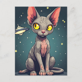 Cartão Postal Judging Sphynx Cat UFO Space Cartoon Art