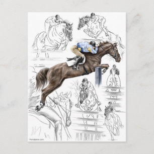 Cartão Postal Jumper Horses Fences Montage