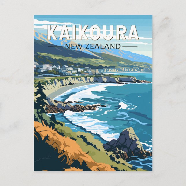 Cartão Postal Kaikoura Nova Zelândia Viagem Art Vintage (Frente)