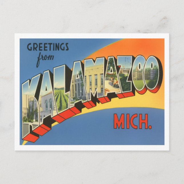 Cartão Postal Kalamazoo, Michigan Vintage Big Letters (Frente)