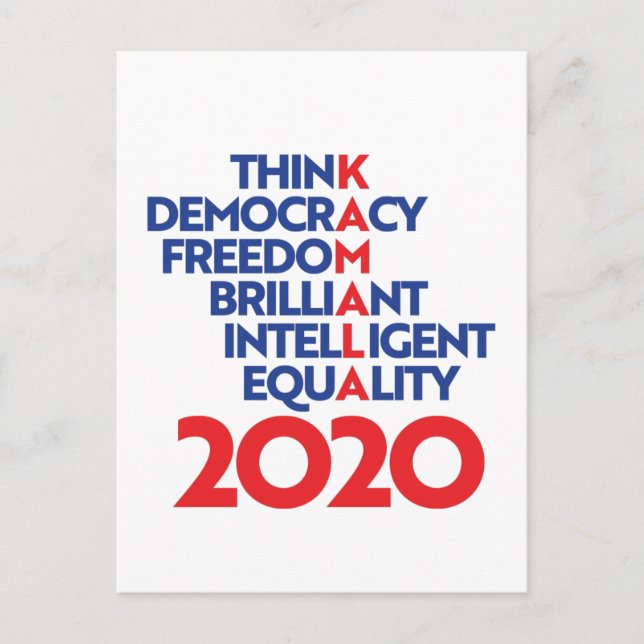 Cartão Postal Kamala 2020 - Think Democracy Freedom Brilliant (Frente)