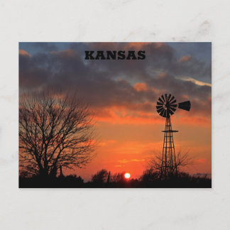 Cartão Postal Kansas Sunset com árvore e moinho
