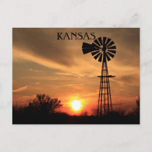 Cartão Postal Kansas Sunset com silhueta de moinho