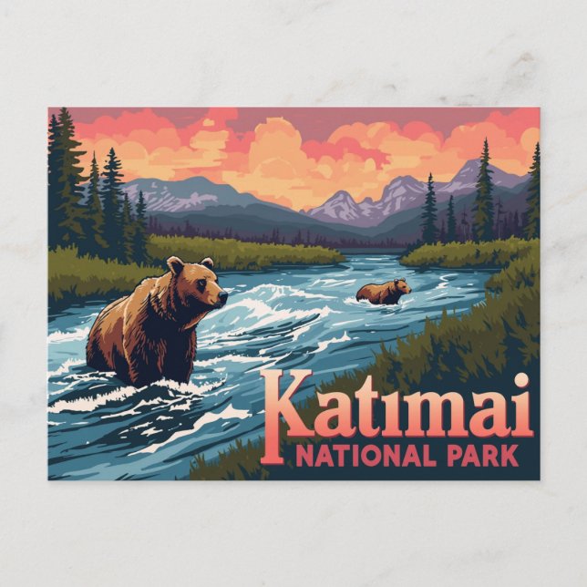 Cartão Postal Katmai Bears Fishing River Vintage Art (Frente)