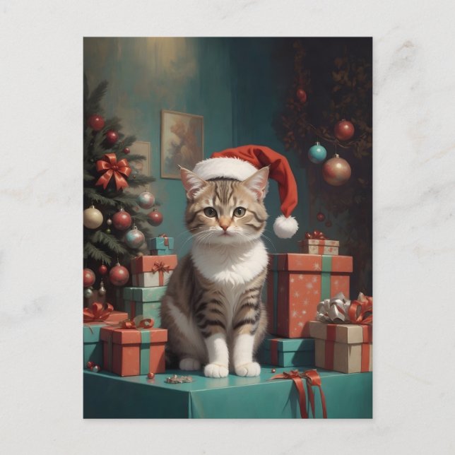 Cartão Postal Katze auf dem Weihnachtstisch (Frente)