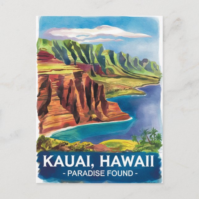 Cartão Postal Kauai Hawaii Paradise Encontrou Pintura De Aquarel (Frente)