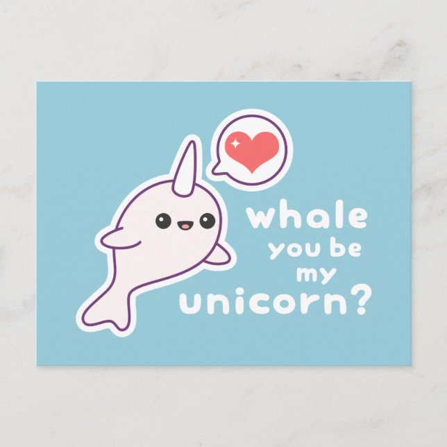 Cartão Postal Kawaii Albino Narwhal (Frente)
