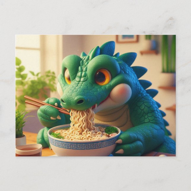 Cartão Postal Kawaii Alligator Eating Ramen Adorável (Frente)