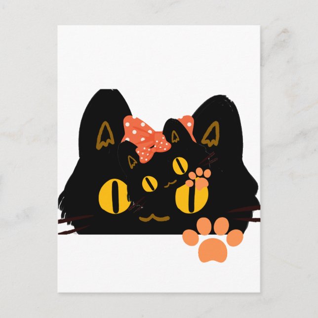Cartão Postal Kawaii Black Cat Peekaboo Art with Bow (Frente)