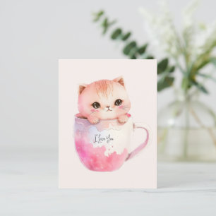 Cartão Postal Kawaii Blushing Pink Chibi Cat