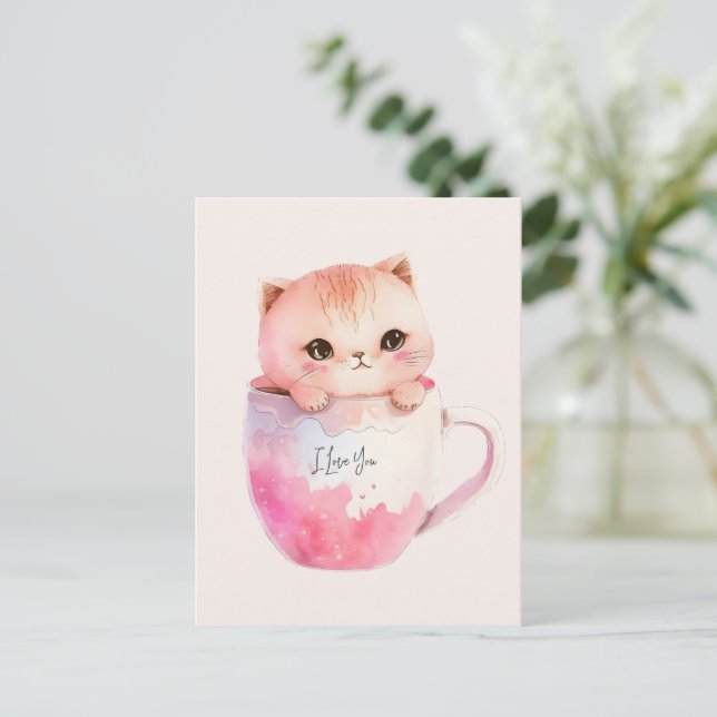 Cartão Postal Kawaii Blushing Pink Chibi Cat (Em pé/Frente)