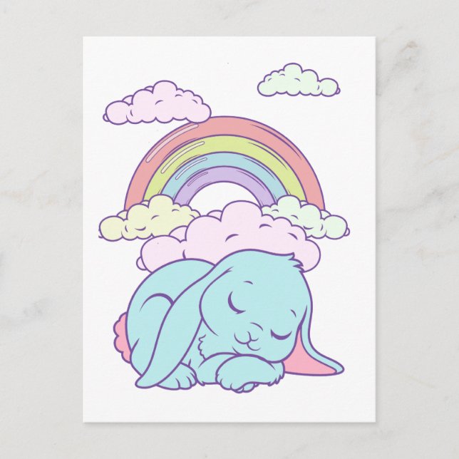 Cartão Postal Kawaii Cute Cartoon Bunny Rabbit Rainbow (Frente)