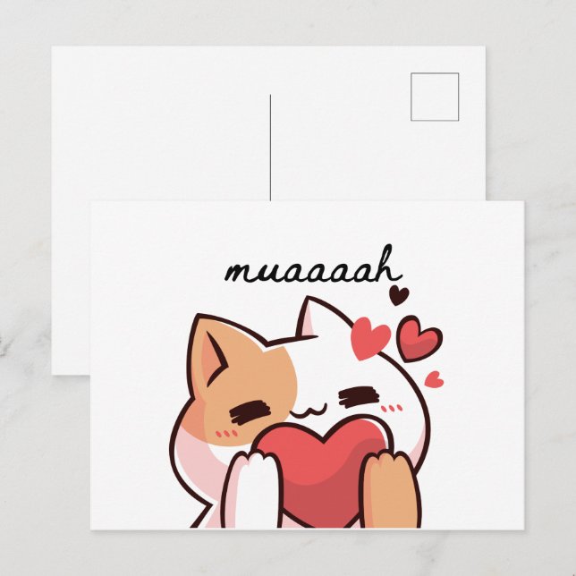 Cartão Postal Kawaii muah kiss de Gato (Frente/Verso)