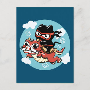 Cartão Postal Kawaii Ninja Cat Andando um Dragão Vermelho